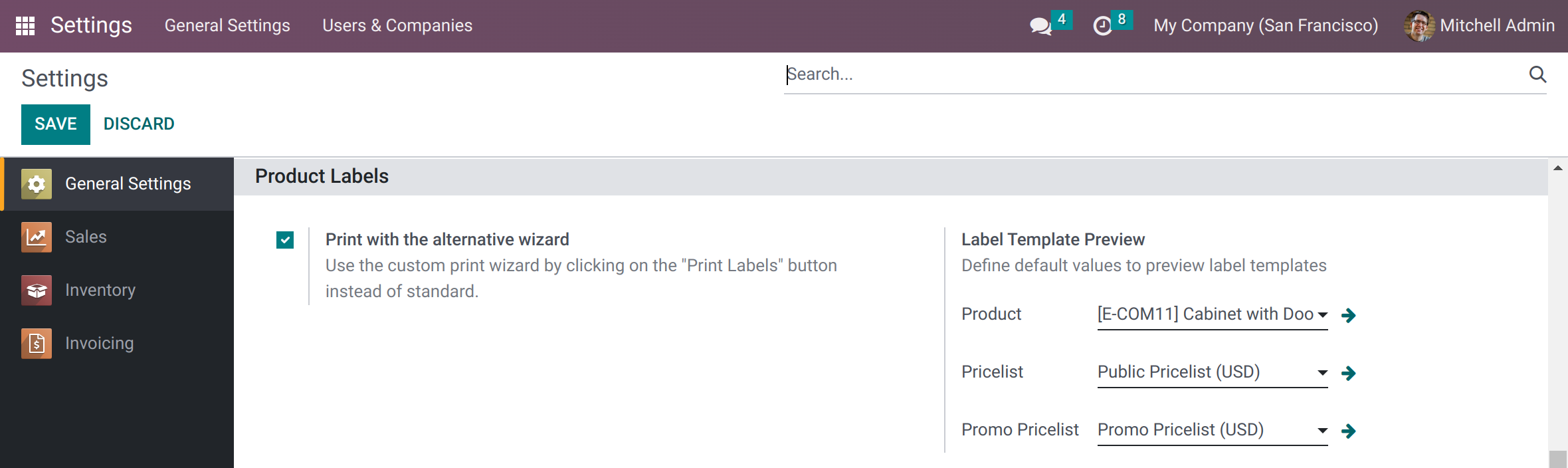Odoo product label settings for template preview in 18.0
