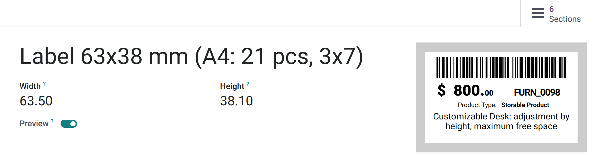 Odoo 18.0 barcode product label preview mode