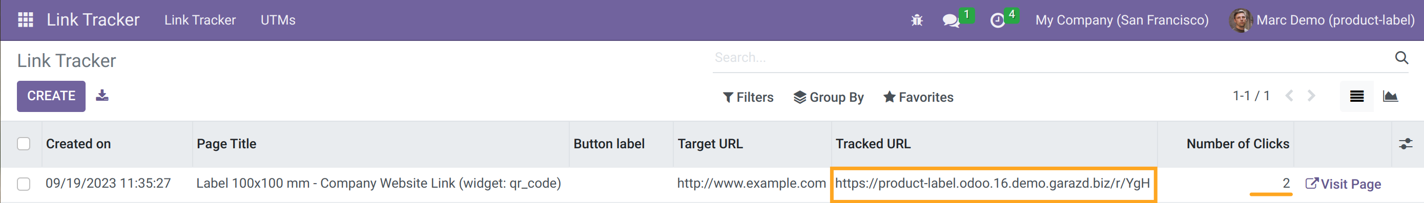 Odoo Product Label Link Tracker shorten URL in 18.0