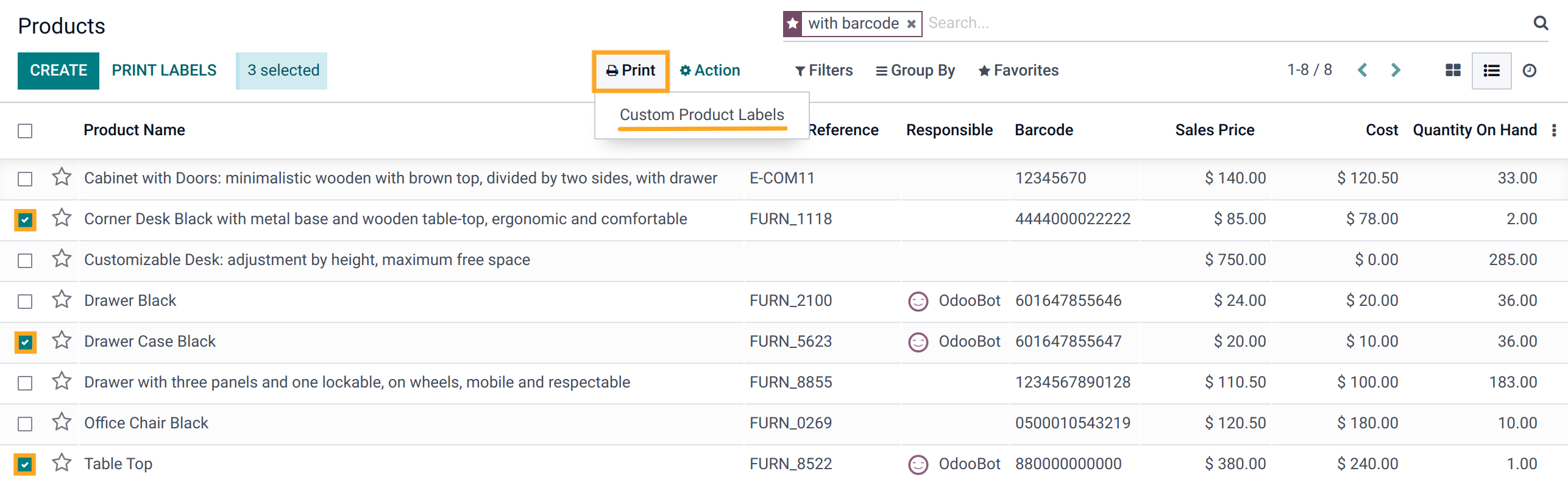 Odoo 18.0 select products to print