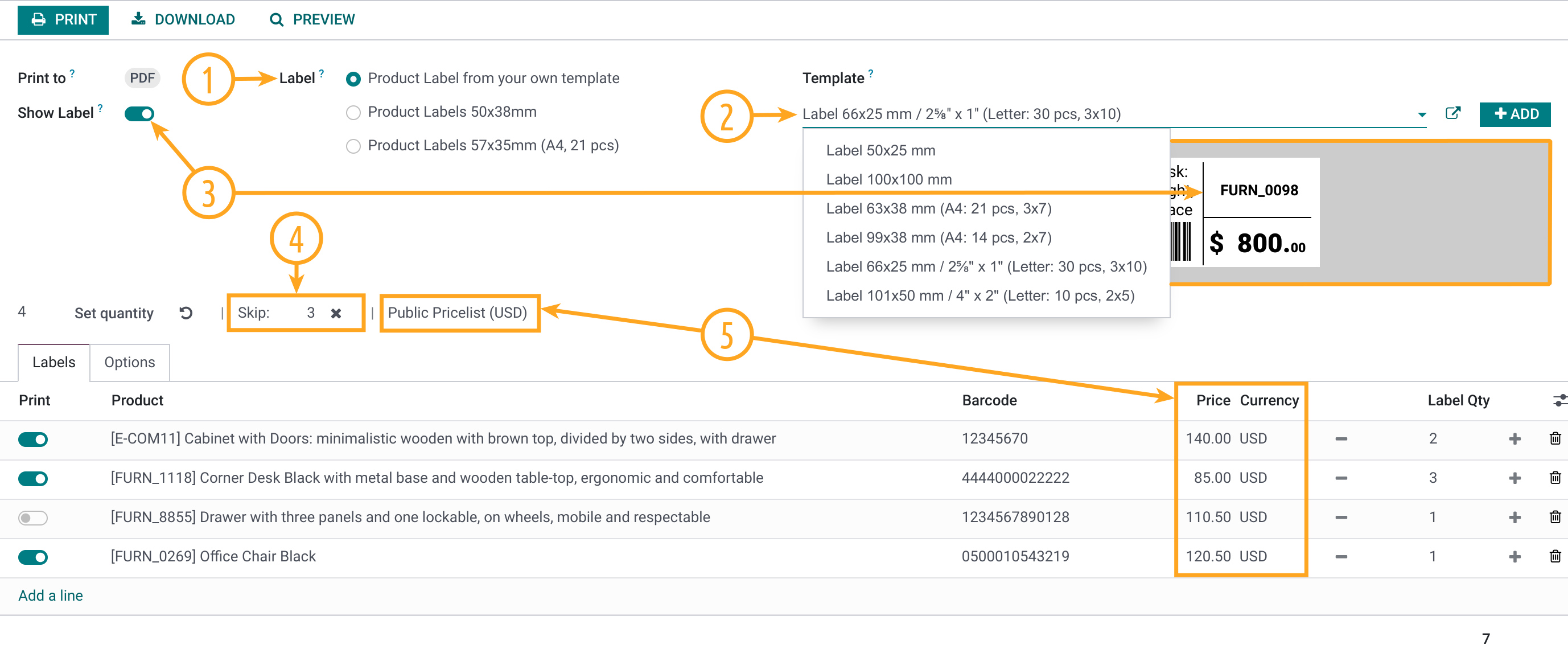 Odoo 18.0 product label settings