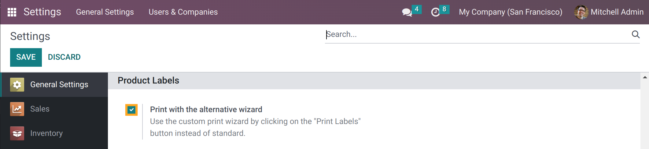 Odoo print product labels by alternative print wizard in 18.0