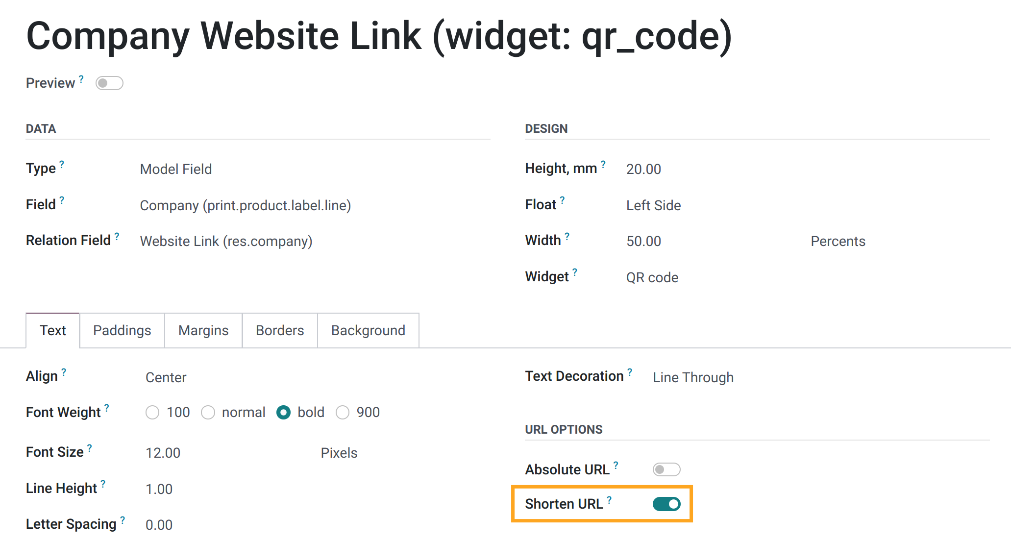 Odoo product label section option shorten URL in 18.0