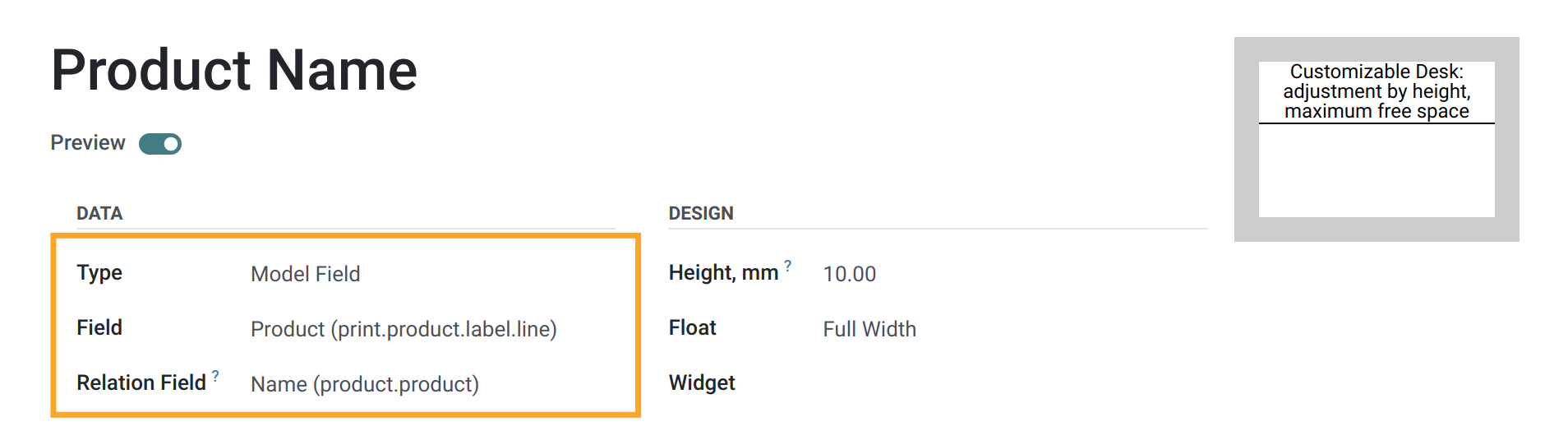 Odoo 18.0 label data settings